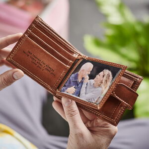 Personalised Leather Tri Fold Wallet With Metal Photo