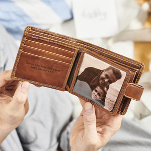 Personalised Leather Tri Fold Wallet With Metal Photo