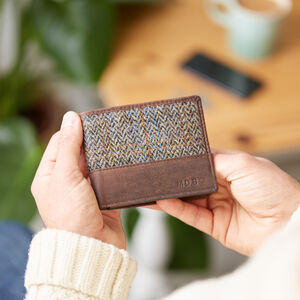 Harris Tweed Personalised Bifold Leather Wallet Father’s Day Gift For Him