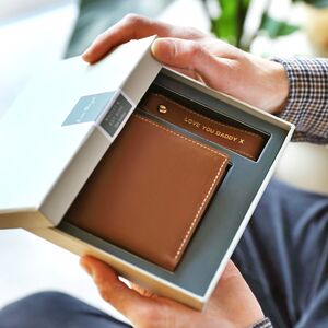 Personalised Men's Leather Wallet And Keyring Gift Set In Tan