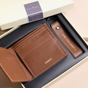 Personalised Men's Leather Wallet And Keyring Gift Set In Tan