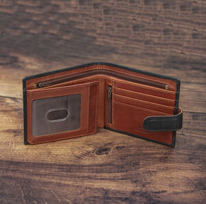 Personalised Mens Black And Tan Leather Wallet Rfid Safe